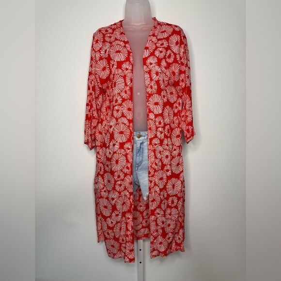 LOFT Red White Firework Print Long Open Duster Kimono Coverup. Size XS/S - Picture 4 of 11